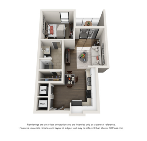 Floor plan for 1 bed, 1 bath, 512 sqft